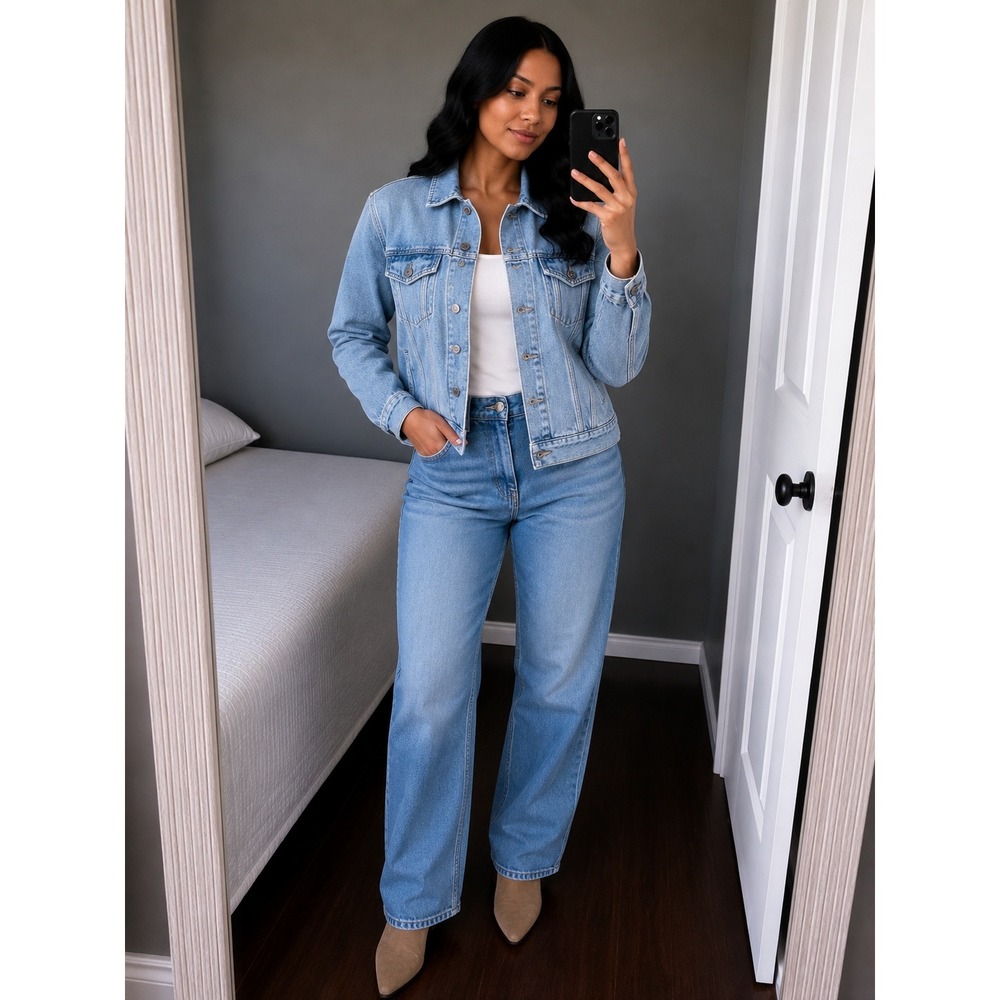 Industrial Exchange Women Large Blue Denim Light Wash Cotton Trucker Jacket